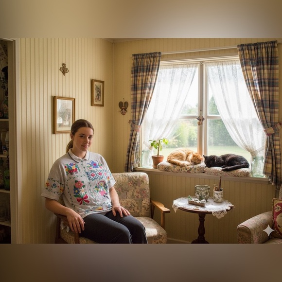 Vintage teeshirt kitty cat floral collared shirt kawaii kitsch made by Scoop - Picture 9 of 9